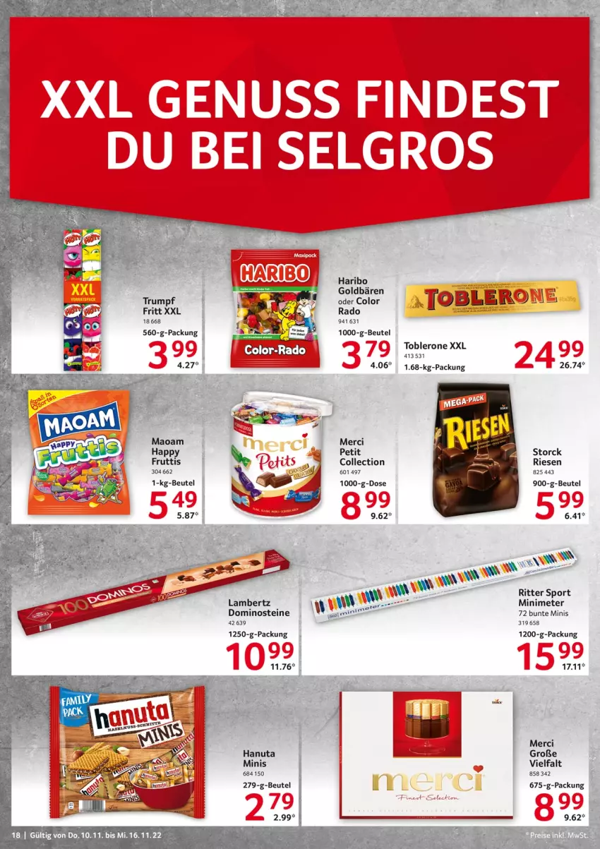 Aktueller Prospekt Selgros - Food - von 10.11 bis 16.11.2022 - strona 18 - produkty: Amber, beutel, Dominosteine, eis, hanuta, haribo, lambertz, maoam, merci, reis, ritter, ritter sport, Sport, storck, Ti, toblerone