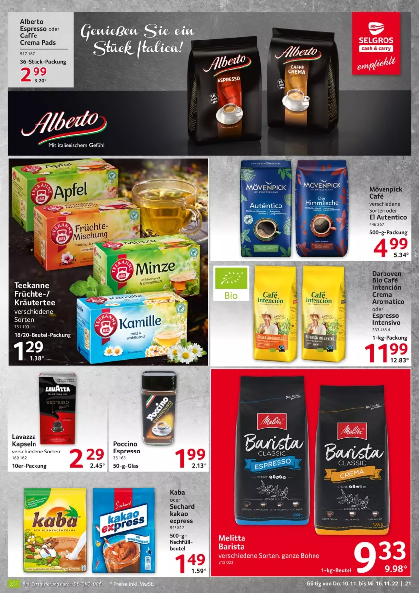 Aktueller Prospekt Selgros - Food - von 10.11 bis 16.11.2022 - strona 21 - produkty: beutel, bio, bohne, caffe, cin, crema pads, espresso, espresso oder, früchte, kakao, kräuter, lavazza, LG, melitta, Mode, mövenpick, tee, teekanne, Ti