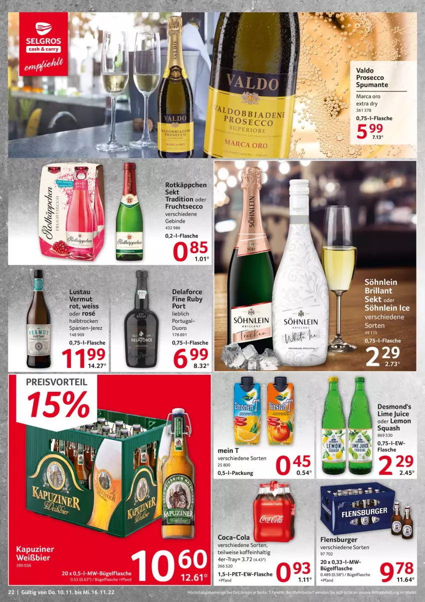 Aktueller Prospekt Selgros - Food - von 10.11 bis 16.11.2022 - strona 22 - produkty: bügel, bügelflasche, burger, coca-cola, cola, ecco, eis, flasche, flensburger, frucht, fruchtsecco, preisvorteil, prosecco, puma, reis, rotkäppchen, sekt, söhnlein, söhnlein brillant, spumante, Ti, valdo