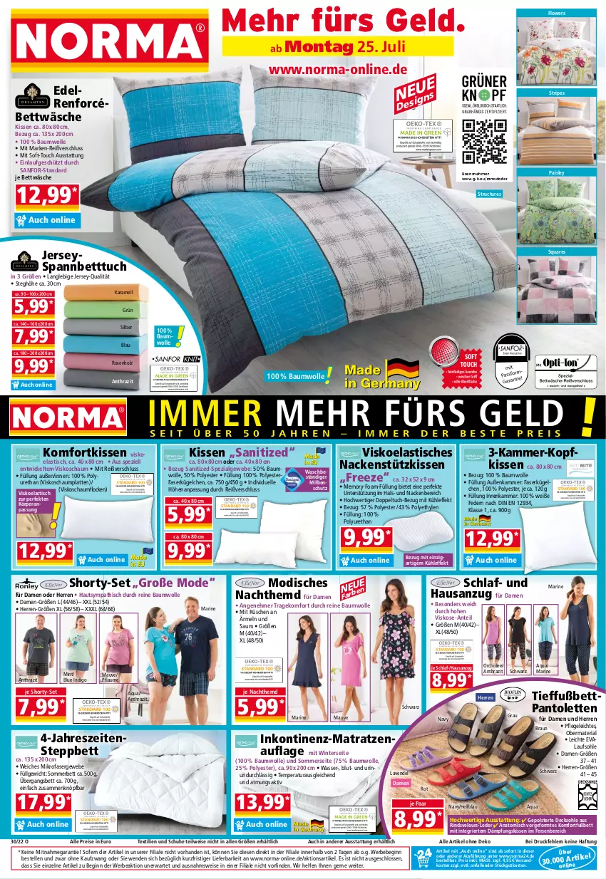 Aktueller Prospekt Norma - Norma - von 25.07 bis 01.08.2022 - strona 1 - produkty: Anzug, aqua, asti, Bau, baumwolle, Bebe, bett, Betttuch, bettwäsche, braun, decksohle, eis, elle, Flowers, gin, hemd, Holz, karamell, kissen, latte, lavendel, LG, matratze, matratzen, matratzenauflage, mikrofaser, mint, Mode, Nachthemd, nackenstützkissen, ndk, orchidee, pantolette, pantoletten, pflaume, reine baumwolle, reis, Ria, rind, rosen, schuhe, shorty, spannbetttuch, Spezi, steppbett, Ti, tisch, tuc, wasser, WICK, wolle