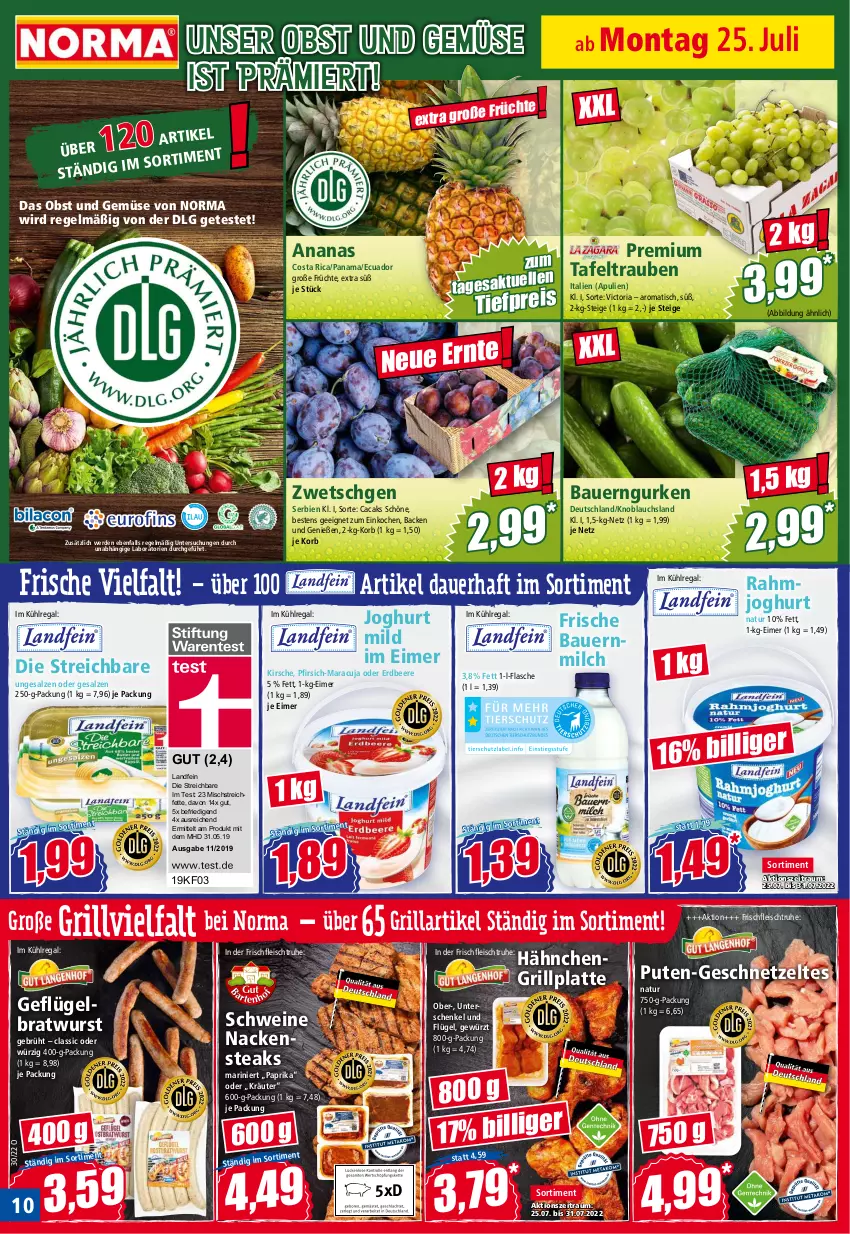 Aktueller Prospekt Norma - Norma - von 25.07 bis 01.08.2022 - strona 10 - produkty: ananas, auer, Bau, Bauer, beere, bratwurst, eimer, eis, erdbeere, erde, flasche, fleisch, früchte, Geflügel, geschnetzeltes, gewürz, grill, grillplatte, gurke, gurken, henkel, joghur, joghurt, joghurt mild, kirsch, kirsche, knoblauch, korb, kräuter, kühlregal, latte, LG, maracuja, milch, Nackensteak, nackensteaks, natur, obst, Obst und Gemüse, paprika, pfirsich, pute, rahmjoghurt, regal, reis, Ria, salz, schenkel, schwein, schweine, steak, steaks, tafeltrauben, Ti, tiefpreis, tisch, trauben, und gemüse, wein, weine, wurst, Zelt