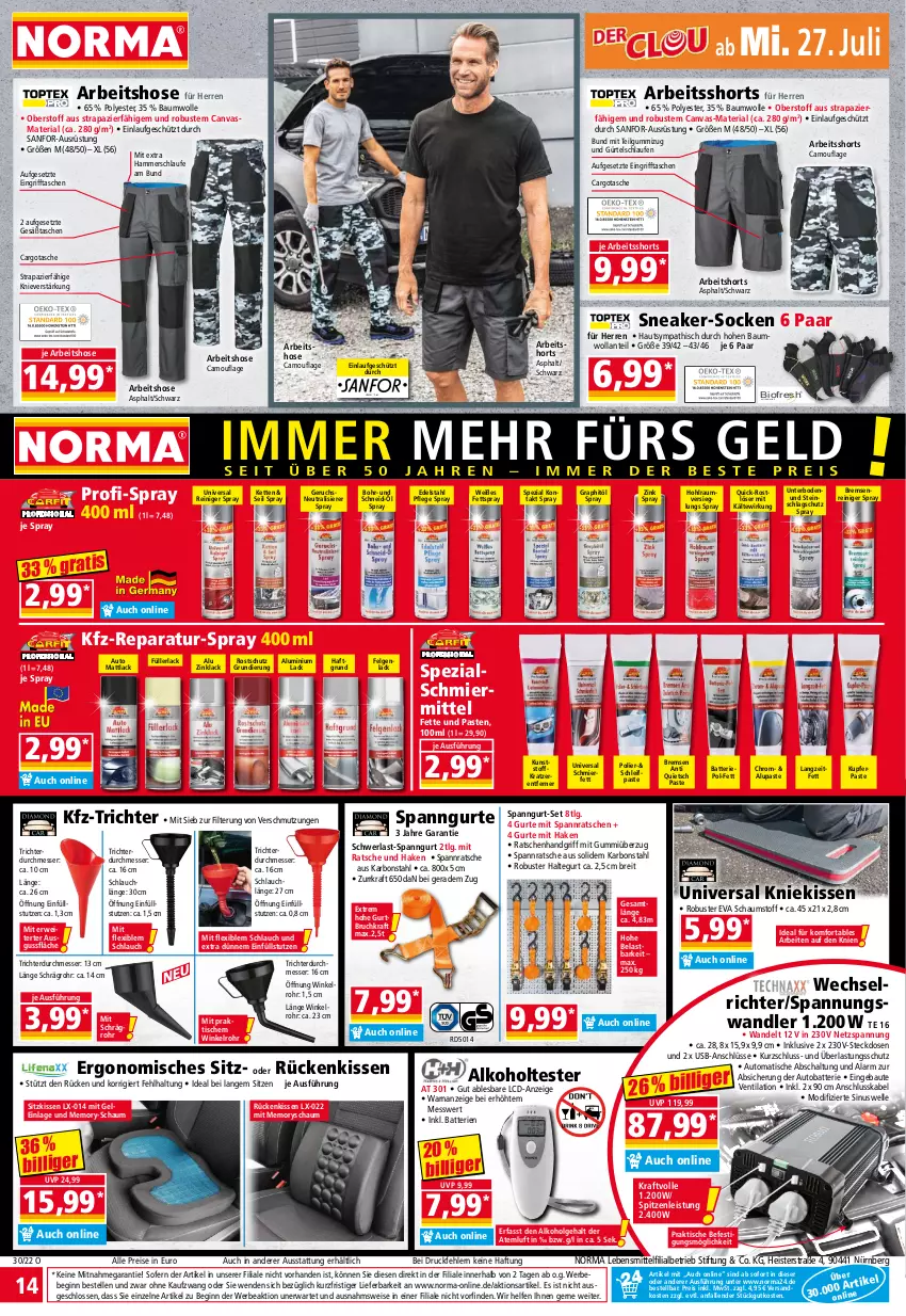 Aktueller Prospekt Norma - Norma - von 25.07 bis 01.08.2022 - strona 14 - produkty: alkohol, auto, batterie, batterien, Bau, baumwolle, Bebe, bio, Brei, edelstahl, eis, elle, felgen, gin, gsw, hose, Kette, kissen, Kniekissen, kraft, lack, Laufen, lebensmittel, LG, messer, ndk, reiniger, reis, Ria, Rückenkissen, rwe, Schal, schlauch, shorts, sitzkissen, sneaker, socken, Spezi, steckdose, Tasche, taschen, Ti, tisch, usb, wolle, ZTE