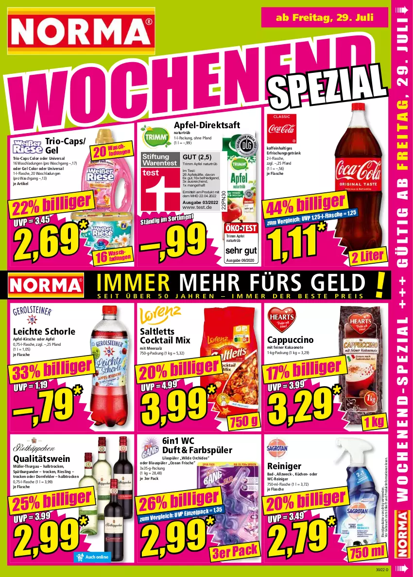 Aktueller Prospekt Norma - Norma - von 25.07 bis 01.08.2022 - strona 15 - produkty: apfel, Bad, bio, biozidprodukte, burgunder, Cap, cappuccino, cin, cocktail, direktsaft, dornfelder, erfrischungsgetränk, flasche, getränk, kakao, kirsch, kirsche, küche, Küchen, meersalz, Müller, Müller-Thurgau, natur, orchidee, qualitätswein, Rauch, reiniger, riesling, rwe, saft, säfte, saltletts, salz, schorle, spätburgunder, Ti, wc-reiniger, weck, wein, Wild