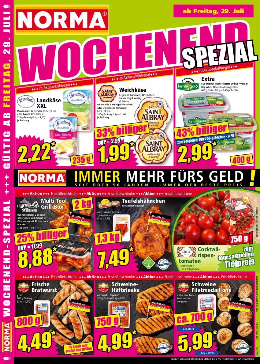 Aktueller Prospekt Norma - Norma - von 25.07 bis 01.08.2022 - strona 16 - produkty: Becher, braten, bratwurst, butter, butterkäse, cocktail, eimer, eis, elle, filet, fleisch, gewürz, gin, gouda, grill, hähnchenflügel, hüftsteak, hüftsteaks, Käse, landkäse, lebensmittel, Maasdam, maasdamer, medaillons, meersalz, natur, ndk, paprika, rapsöl, regal, reis, salz, Schal, Schale, schwein, schweine, steak, steaks, Ti, tomate, tomaten, weichkäse, wein, weine, wurst