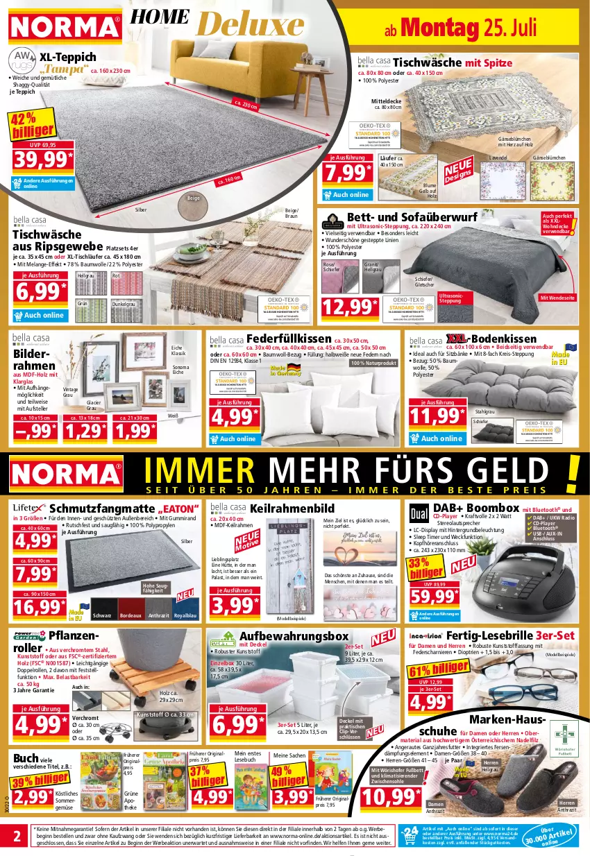 Aktueller Prospekt Norma - Norma - von 25.07 bis 01.08.2022 - strona 2 - produkty: Apotheke, aufbewahrungsbox, Bau, baumwolle, Bebe, beleuchtung, bett, bilderrahmen, blume, braun, Brille, buch, decke, Deckel, dell, eis, Elan, elle, gin, Holz, kissen, kopfhörer, kraft, Läufer, lautsprecher, lavendel, LG, mitteldecke, Mode, natur, ndk, pflanze, pflanzen, Radio, reis, Ria, Roller, rwe, sac, schmutzfangmatte, schuhe, Sofa, Sofaüberwurf, sonoma eiche, Spiele, teller, teppich, Ti, timer, tisch, tischläufer, Tischwäsche, usb, weck, wein, wolle, ZTE