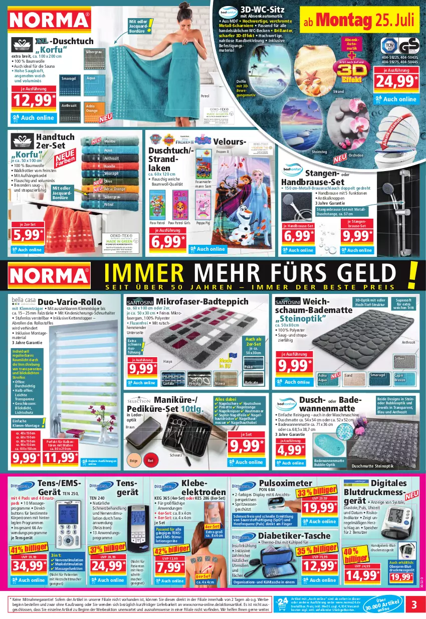 Aktueller Prospekt Norma - Norma - von 25.07 bis 01.08.2022 - strona 3 - produkty: aqua, auer, auto, Bad, badematte, Badewanne, badteppich, Bau, baumwolle, Bebe, Blutdruckmessgerät, braun, brause, brauseschlauch, bree, Brei, Cap, Duschmatte, duschtuch, ehrmann, eis, Elektro, elle, ente, gefu, gin, handbrause, handtuch, Kette, Kinder, kraft, kühltasche, LG, mac, Malibu, messer, mikrofaser, Nagelfeile, Nagelzange, ndk, olive, orange, orchidee, passend für alle, Paw Patrol, Peppa Pig, Pinzette, reifen, Reinigung, reis, Ria, rwe, Schere, schlauch, senf, strandlaken, Tasche, teppich, Ti, topper, tuc, uhr, Wanne, waschmaschine, wasser, wc-sitz, wolle