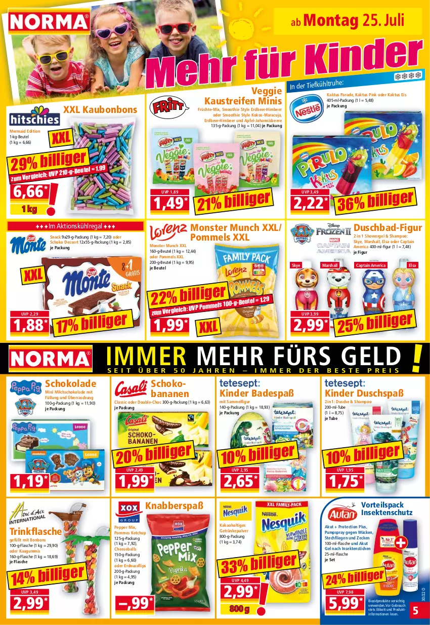 Aktueller Prospekt Norma - Norma - von 25.07 bis 01.08.2022 - strona 5 - produkty: apfel, aust, Bad, ball, banane, bananen, beere, beutel, bio, biozidprodukte, bonbons, Cap, dessert, duschbad, dusche, eis, erdnuss, flasche, früchte, getränk, getränke, getränkepulver, himbeer, insektenschutz, johannisbeere, kakao, kaugummi, Kaustreifen, ketchup, Kinder, Kinder Badespaß, kokos, kühlregal, Liege, maracuja, mars, milch, monster, nuss, Pommels, pommes, Rauch, regal, reifen, rwe, schoko, Schokobananen, schokolade, sekt, shampoo, smoothie, snack, Ti, trinkflasche, veggie