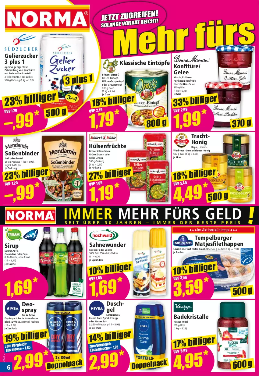 Aktueller Prospekt Norma - Norma - von 25.07 bis 01.08.2022 - strona 6 - produkty: apfel, aprikose, aprikosen, Bad, Badekristalle, Becher, blume, blumen, burger, Clin, cola, creme, deo, deospray, duschgel, eier, eierlikör, eintopf, eintöpfe, elle, erbsen, filet, flasche, frucht, früchte, gelee, gelierzucker, Grüne Erbsen, honig, hühner, hülsenfrüchte, kirsch, konfitüre, konfitüren, kühlregal, lack, likör, linsen, linsen-eintopf, matjes, Matjesfilet, natur, natura, Rauch, recyclingmaterial, regal, Ria, sahne, senf, sirup, sonnenblume, sonnenblumen, Soße, Sport, suppe, suppen, teller, Ti, topf, vanille, zucker