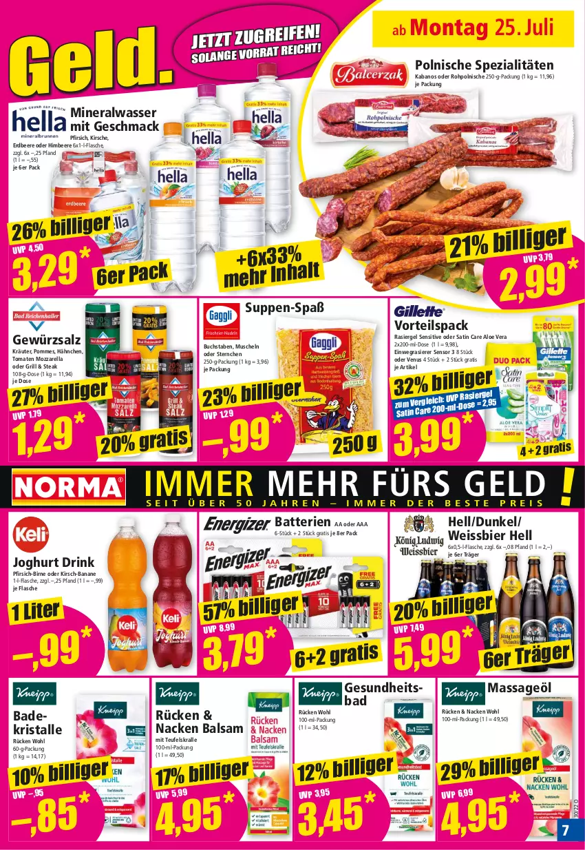 Aktueller Prospekt Norma - Norma - von 25.07 bis 01.08.2022 - strona 7 - produkty: aloe vera, Alwa, Bad, Badekristalle, balsam, banane, batterie, batterien, beere, bier, buch, drink, einwegrasierer, eis, erdbeere, flasche, Gesundheit, gewürz, gewürzsalz, grill, himbeer, himbeere, HP, joghur, joghurt, kabanos, kirsch, kirsche, kräuter, mac, mineralwasser, mozzarella, Muscheln, pfirsich, pommes, rasierer, rasiergel, rel, salz, Spezi, steak, suppe, suppen, Ti, tomate, tomaten, venus, wasser, weissbier