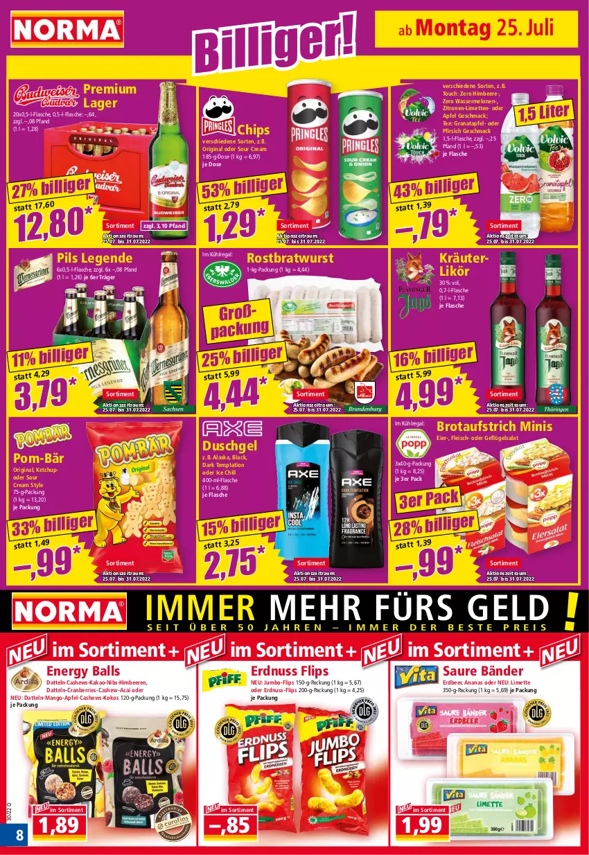 Aktueller Prospekt Norma - Norma - von 25.07 bis 01.08.2022 - strona 8 - produkty: ananas, apfel, aufstrich, ball, beere, beeren, bratwurst, brot, brotaufstrich, Cashew, chips, cranberries, Datteln, duschgel, eier, eis, erdnuss, flasche, fleisch, Geflügel, geflügelsalat, gin, grana, granatapfel, himbeer, himbeere, himbeeren, jumbo, kakao, ketchup, kokos, kräuter, kräuterlikör, kühlregal, lack, likör, limette, limetten, mac, mango, melone, melonen, Mett, metten, nuss, pfirsich, pils, pom-bär, Rana, regal, rostbratwurst, salat, sour cream, tee, Ti, wasser, wassermelone, wassermelonen, wurst, zitrone, zitronen