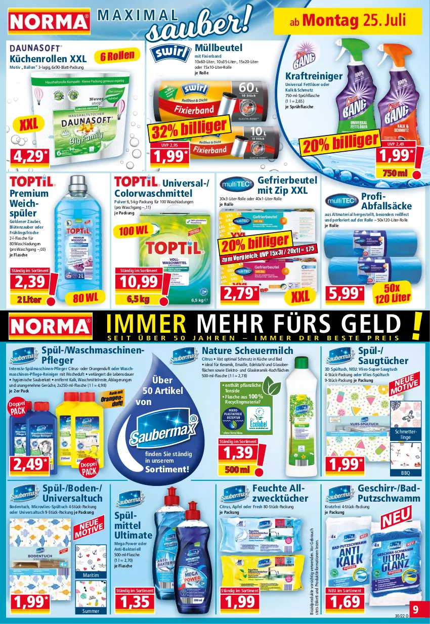 Aktueller Prospekt Norma - Norma - von 25.07 bis 01.08.2022 - strona 9 - produkty: Allzwecktücher, apfel, auer, Bad, ball, beutel, bio, biozidprodukte, Blüte, citrus, Clin, colorwaschmittel, edelstahl, Elektro, Fettlöser, flasche, gefrierbeutel, geschirr, glaskeramik, Heu, kraft, küche, Küchen, küchenrolle, küchenrollen, maille, Maschinenpfleger, Mett, milch, müllbeutel, natur, orange, orangen, Rauch, recyclingmaterial, reiniger, Ria, rwe, scheuermilch, Schmetterling, schwamm, sprühflasche, spülmaschinen, spülmittel, Ti, tuc, tücher, waschmaschine, waschmaschinen, waschmittel, weck, weichspüler