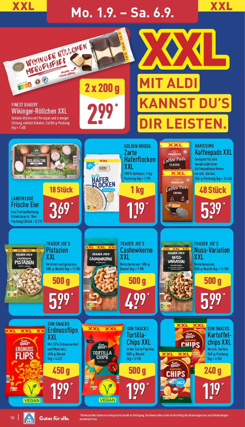 Aktueller Prospekt Aldi Nord - Von Montag - von 01.09 bis 06.09.2025 - strona 10 - produkty: aldi, alkohol, beutel, Cashew, cashewkerne, chips, eier, eis, erdnuss, gin, kaffee, kartoffel, korn, meersalz, natur, nuss, paprika, pistazien, Ria, salz, SANTE, sim, snack, snacks, Sun Snacks, Ti, tortilla, ZTE