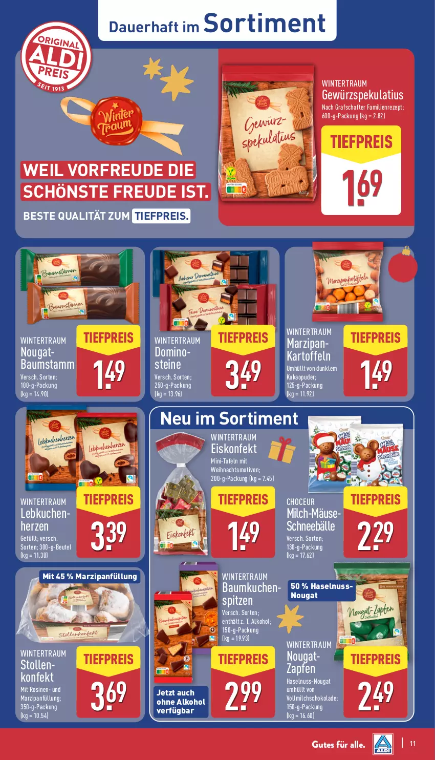 Aktueller Prospekt Aldi Nord - Von Montag - von 01.09 bis 06.09.2025 - strona 11 - produkty: alkohol, auer, Bau, beutel, eis, eiskonfekt, gewürz, grafschafter, haselnuss, kakao, kartoffel, kartoffeln, kuchen, Lebkuchen, marzipan, Marzipanfüllung, milch, nuss, ohne alkohol, reis, rezept, Schneebälle, schoko, schokolade, Stollen, Ti, tiefpreis, vollmilch