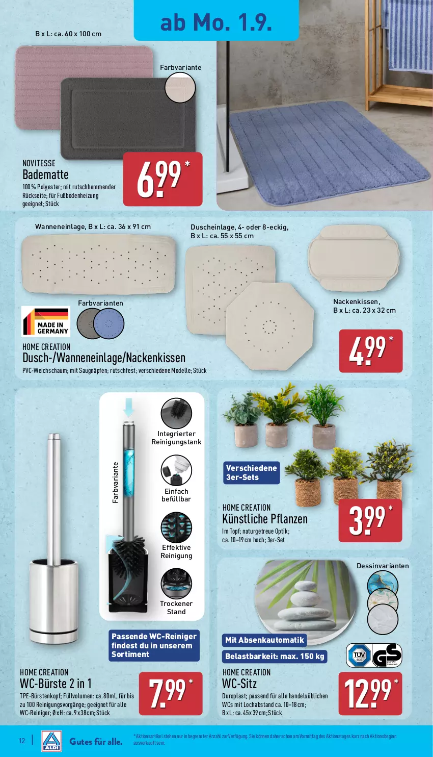 Aktueller Prospekt Aldi Nord - Von Montag - von 01.09 bis 06.09.2025 - strona 12 - produkty: auto, Bad, badematte, bürste, bürsten, dell, dusche, elle, gin, kissen, Mode, nackenkissen, natur, passend für alle, pflanze, pflanzen, reiniger, Reinigung, Ria, Ti, topf, Wanne, WC-Bürste, wc-reiniger, wc-sitz, ZTE