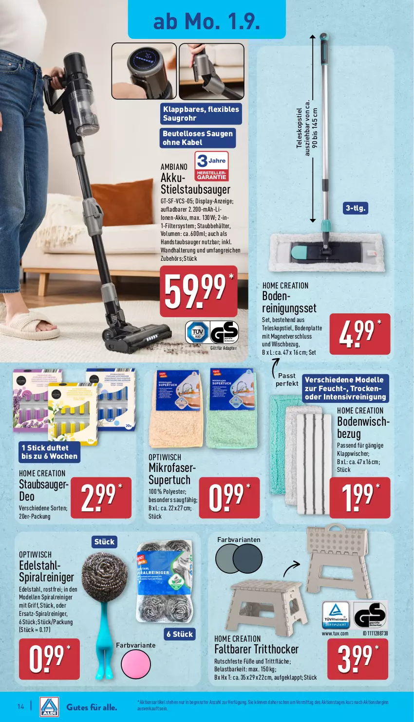 Aktueller Prospekt Aldi Nord - Von Montag - von 01.09 bis 06.09.2025 - strona 14 - produkty: adapter, akku, ambia, Behälter, beutel, Bodenplatte, dell, deo, edelstahl, elle, gin, handstaubsauger, hocker, latte, LG, mikrofaser, Mode, Optiwisch, reiniger, Reinigung, Ria, staubsauger, Stielstaubsauger, Teleskop, teleskopstiel, Ti, tuc, wandhalterung, ZTE