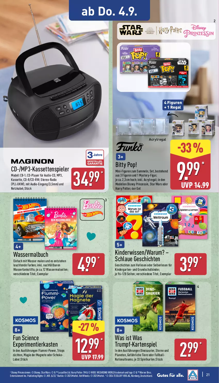 Aktueller Prospekt Aldi Nord - Von Montag - von 01.09 bis 06.09.2025 - strona 21 - produkty: ball, Barbie, buch, Cien, dell, disney, elle, ente, Fußball, Garten, Hot Wheels, Kartenspiel, Kinder, Leuchte, leuchten, Malbuch, Mattel, Mode, Mp3, Radio, regal, rum, schoko, Spiele, Ti, Tiere, wasser, wassertank