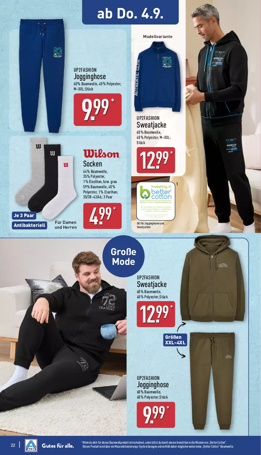 Aktueller Prospekt Aldi Nord - Von Montag - von 01.09 bis 06.09.2025 - strona 22 - produkty: Bau, baumwolle, bett, dell, eis, gin, hose, hosen, Jacke, Jogginghose, Jogginghosen, Mode, Ria, rwe, socken, sweatjacke, Ti, up2fashion, wolle