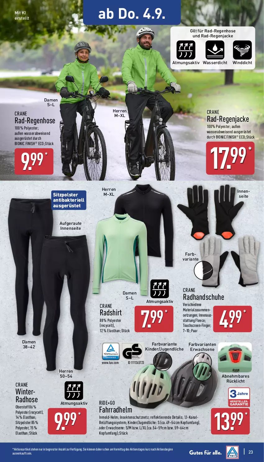 Aktueller Prospekt Aldi Nord - Von Montag - von 01.09 bis 06.09.2025 - strona 23 - produkty: bio, eis, Fahrrad, fahrradhelm, Finish, gin, handschuhe, hose, insektenschutz, Jacke, Kinder, Ria, rücklicht, schuhe, Schutznetz, sekt, shirt, Ti, Tiere, touchscreen, wasser, ZTE