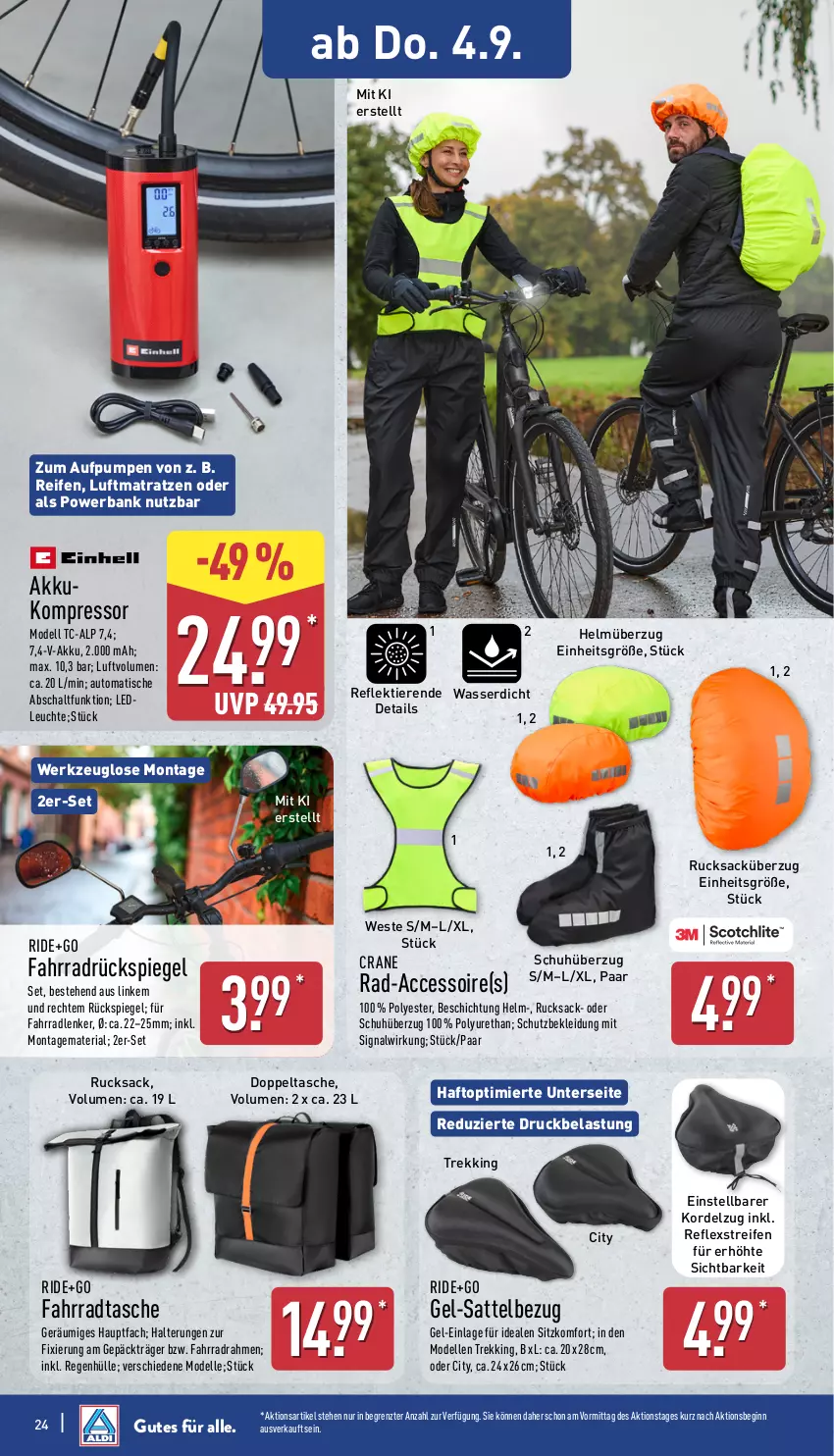 Aktueller Prospekt Aldi Nord - Von Montag - von 01.09 bis 06.09.2025 - strona 24 - produkty: ACC, akku, auto, Bank, dell, elle, Fahrrad, Fahrradtasche, gin, kleid, Kleidung, kompressor, Leuchte, luftmatratze, matratze, matratzen, Mode, powerbank, reifen, Ria, rucksack, sac, sattel, Schal, Signal, spiegel, Tasche, Ti, Tiere, tisch, wasser, werkzeug, Weste, ZTE