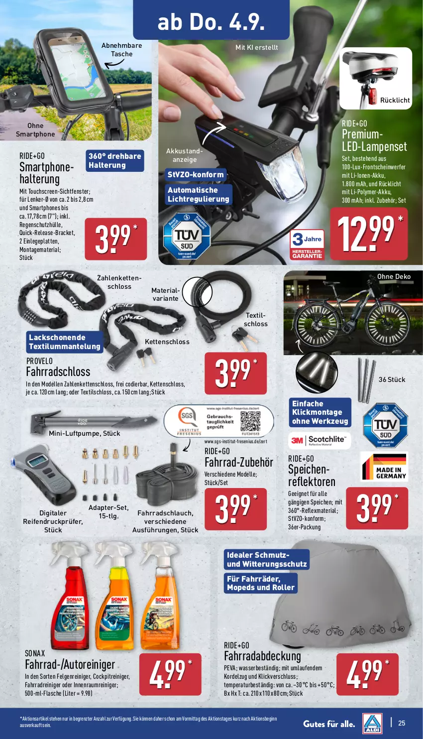Aktueller Prospekt Aldi Nord - Von Montag - von 01.09 bis 06.09.2025 - strona 25 - produkty: adapter, akku, auto, dell, elle, Fahrrad, Fahrradschloss, felgen, Felgenreiniger, fenster, flasche, gin, Kette, lack, Lampe, latte, Laufen, LG, Mantel, Mode, Regenschutz, reifen, reiniger, rel, Ria, Roller, rücklicht, schlauch, schutzhülle, smartphone, smartphones, sonax, Tasche, Ti, tisch, touchscreen, wasser, werkzeug, ZTE