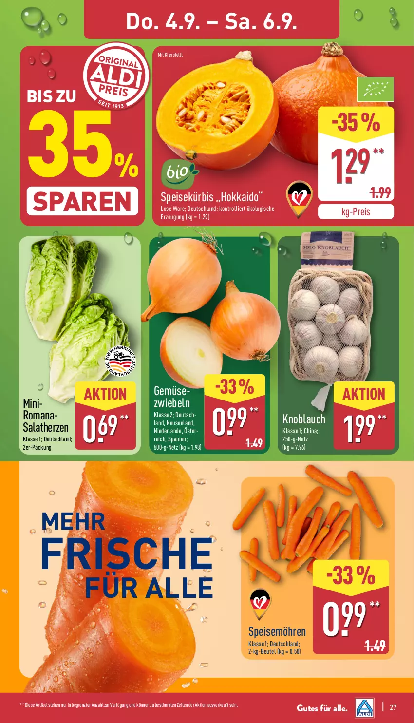 Aktueller Prospekt Aldi Nord - Von Montag - von 01.09 bis 06.09.2025 - strona 27 - produkty: beutel, eis, Elan, knoblauch, Kürbis, möhren, reis, Romanasalat, salat, salatherzen, speisemöhren, Ti, trolli, ZTE, zwiebel, zwiebeln