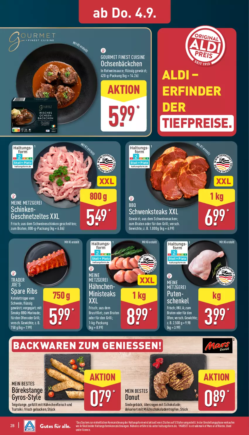 Aktueller Prospekt Aldi Nord - Von Montag - von 01.09 bis 06.09.2025 - strona 28 - produkty: aldi, backwaren, bio, braten, brustfilet, Donut, eis, filet, fleisch, geback, geschnetzeltes, gewürz, grill, gyros, Hähnchenfleisch, henkel, kotelett, marinade, mars, milch, Ofen, pute, reis, rotwein, sauce, schenkel, schinken, schnitten, schoko, schokolade, schokoladen, schwein, schweine, schweinenacken, spare ribs, steak, steaks, Ti, tiefpreis, wein, weine, Zelt