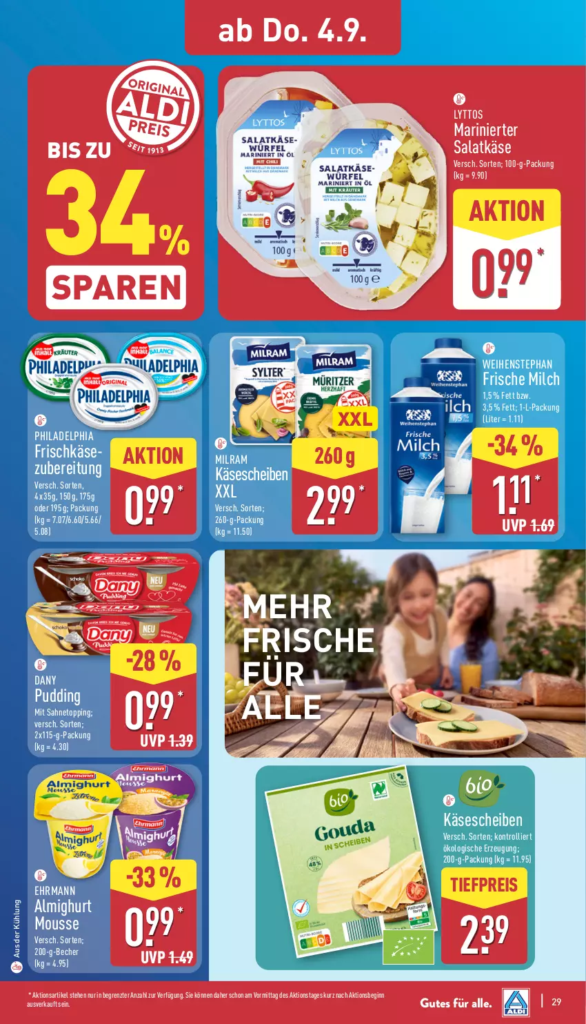 Aktueller Prospekt Aldi Nord - Von Montag - von 01.09 bis 06.09.2025 - strona 29 - produkty: almighur, almighurt, Becher, Dany, ehrmann, ehrmann almighurt, eis, frische milch, frischkäse, gin, Käse, käsescheiben, milch, milram, mousse, philadelphia, pudding, reis, sahne, salat, Ti, tiefpreis, trolli, weihenstephan, ZTE