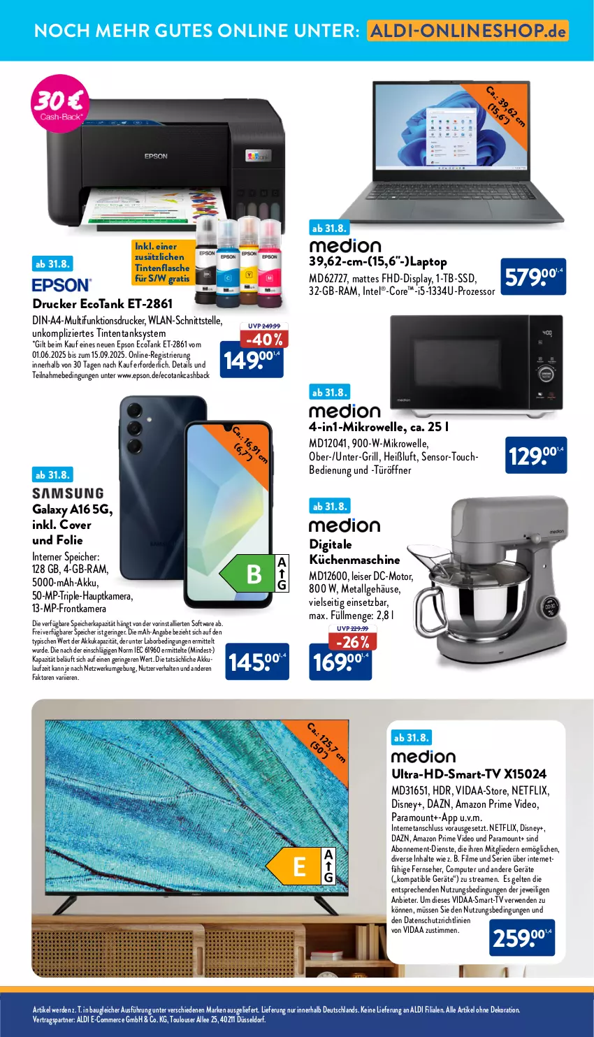 Aktueller Prospekt Aldi Nord - Von Montag - von 01.09 bis 06.09.2025 - strona 35 - produkty: akku, aldi, Bau, computer, dekoration, deo, disney, drucker, eis, elle, epson, erde, fernseher, flasche, frontkamera, grill, hauptkamera, Intel, kamera, küche, Küchen, küchenmaschine, Laptop, LG, mikrowelle, multifunktionsdrucker, netflix, pute, ring, rwe, Software, ssd, Ti