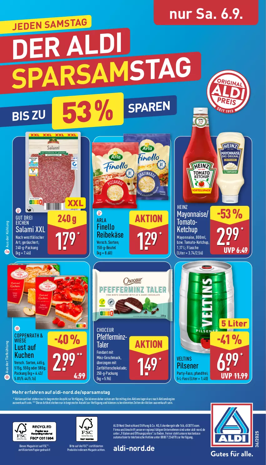 Aktueller Prospekt Aldi Nord - Von Montag - von 01.09 bis 06.09.2025 - strona 36 - produkty: aldi, arla, aus der tiefkühlung, auto, beutel, coppenrath, finello, flasche, gin, heinz, Käse, ketchup, kuchen, Lust auf Kuchen, mac, magazin, mayonnaise, papier, pfeffer, pils, pilsener, Reibekäse, salami, schoko, schokolade, telefon, Ti, veltins, veltins pilsener, Yo, Zartbitterschokolade, ZTE