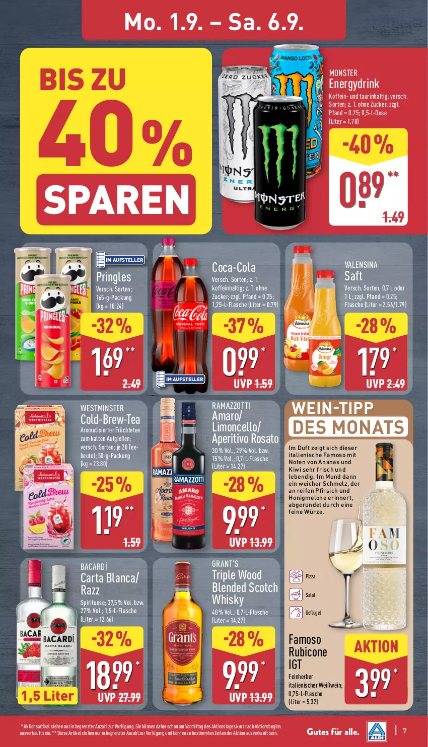 Aktueller Prospekt Aldi Nord - Von Montag - von 01.09 bis 06.09.2025 - strona 7 - produkty: amaro, ananas, aperitivo rosato, beutel, blended scotch, blended scotch whisky, coca-cola, cola, drink, elle, flasche, früchte, Geflügel, gin, honig, honigmelone, kiwi, limo, melone, monster, Monster Energy, pfirsich, pizza, pringles, rama, ramazzott, ramazzotti, reifen, ring, rosato, saft, salat, scotch, scotch whisky, tee, teller, Ti, valensina, wein, Weißwein, whisky, zott, ZTE, zucker