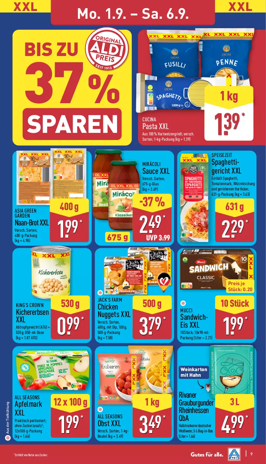 Aktueller Prospekt Aldi Nord - Von Montag - von 01.09 bis 06.09.2025 - strona 9 - produkty: apfel, Asia Green Garden, aus der tiefkühlung, bag-in-box, beutel, brot, burgunder, chicken nuggets, cin, dip, eis, erbsen, grauburgunder, hartkäse, hartweizen, Käse, kichererbsen, Mirácoli, natur, nuggets, obst, pasta, reis, Rivaner, sandwich, sauce, spaghetti, Ti, tisch, tomate, tomaten, tomatenmark, wein, Weißwein, zucker