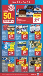 Gazetka promocyjna Aldi Nord - Von Montag - Gazetka - ważna od 06.09 do 06.09.2025 - strona 5 - produkty: actimel, alkohol, almare, arla, aus der tiefkühlung, baguette, Becher, butter, cin, danone, decke, dovgan, eis, filet, filets, fisch, frucht, gewürz, gin, joghur, joghurt, Kærgården, kuchen, landliebe, landliebe joghurt, monte, mövenpick, mövenpick eis, Müller, Pfannkuchen, Profiteroles, pudding, Schal, Schale, thunfisch, Ti, tiramisu, zott, Zott Monte, ZTE