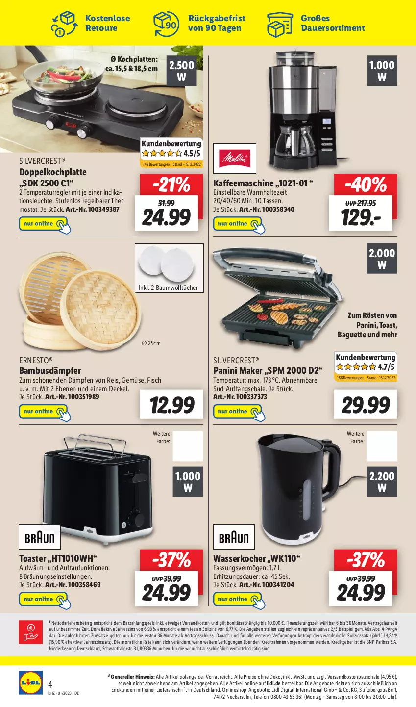 Aktueller Prospekt Lidl - Wochen-Highlights im Onlineshop - von 02.01 bis 08.01.2023 - strona 4 - produkty: angebot, angebote, auer, baguette, bambus, Bau, decke, Deckel, eis, elle, erde, ernesto, fisch, HP, kaffee, kaffeemaschine, Kocher, Kochplatten, latte, Leuchte, ndk, reis, rel, Schal, Schale, silvercrest, tasse, telefon, thermostat, Ti, toast, toaster, tücher, uhr, wasser, wasserkocher