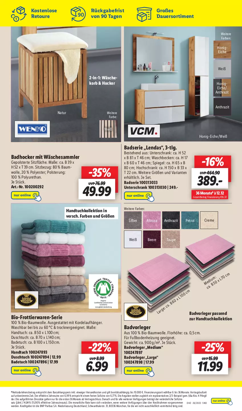 Aktueller Prospekt Lidl - Wochen-Highlights im Onlineshop - von 27.06 bis 03.07.2022 - strona 9 - produkty: auer, Bad, badetuch, Bau, baumwolle, beere, bio, bio-baumwolle, creme, duschtuch, eis, elle, erde, Ergee, handtuch, hochschrank, hocker, honig, korb, LG, natur, ndk, reis, Ria, Schrank, spiegel, Ti, Trockner, tuc, unterschrank, waschbecken, wäschekorb, wolle