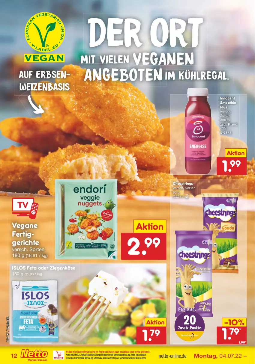 Aktueller Prospekt Netto Marken-Discount - Filial-Angebote - von 04.07 bis 09.07.2022 - strona 12 - produkty: angebot, angebote, eis, erbsen, fertiggericht, fertiggerichte, feta, Innocent, Käse, kühlregal, ndk, regal, reis, ring, smoothie, String, Ti, usb, versandkostenfrei, ziegenkäse