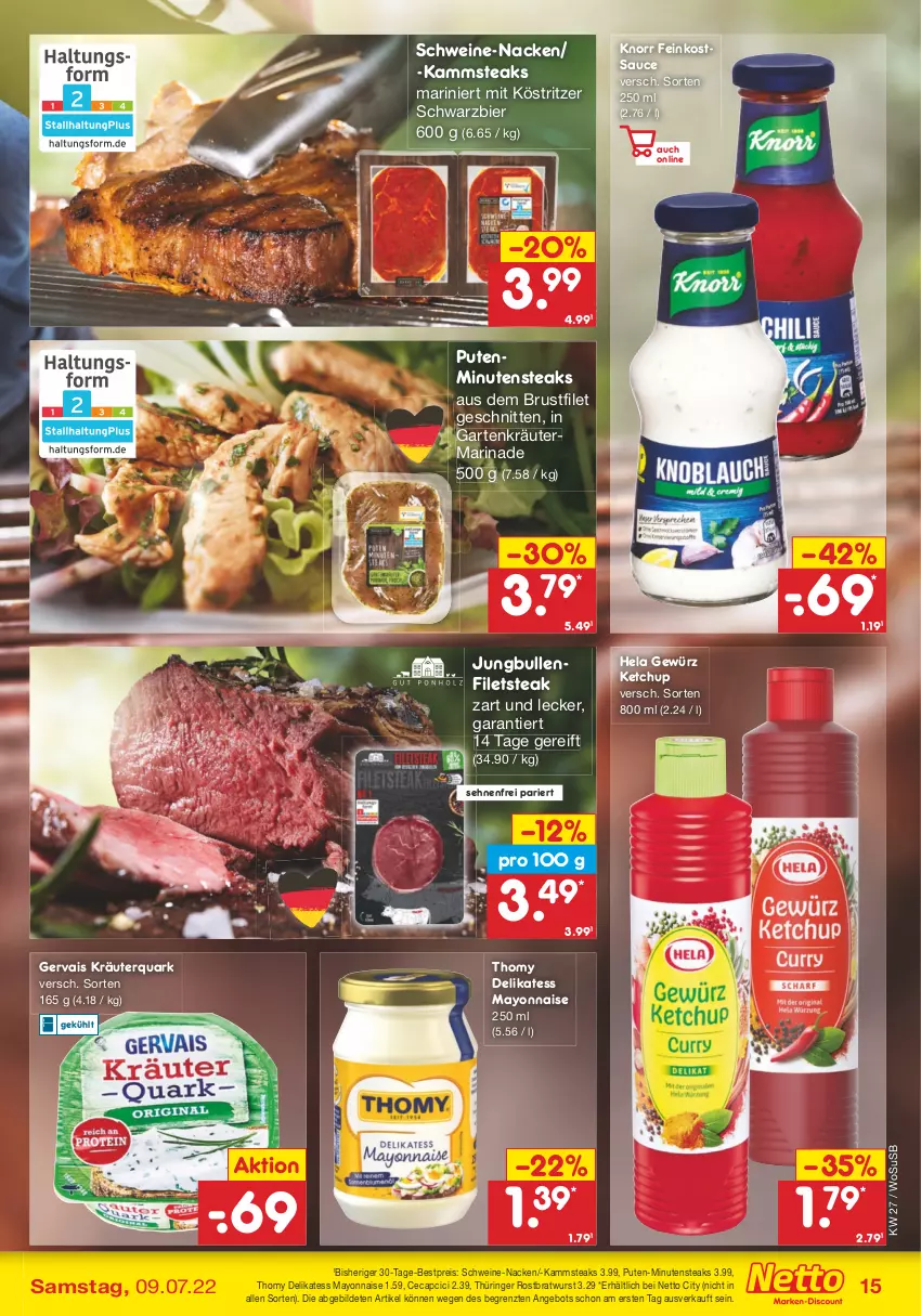 Aktueller Prospekt Netto Marken-Discount - Filial-Angebote - von 04.07 bis 09.07.2022 - strona 15 - produkty: angebot, bestpreis, bier, bratwurst, brustfilet, Cap, eis, feinkost, filet, filets, Garten, gervais, gewürz, Hela, jungbullen, ketchup, knorr, köstritzer, kräuter, marinade, mayonnaise, minutensteaks, pute, quark, reis, ring, rostbratwurst, sauce, schnitten, schwein, schweine, steak, steaks, thomy, thüringer rostbratwurst, Ti, usb, wein, weine, wurst, Yo, ZTE