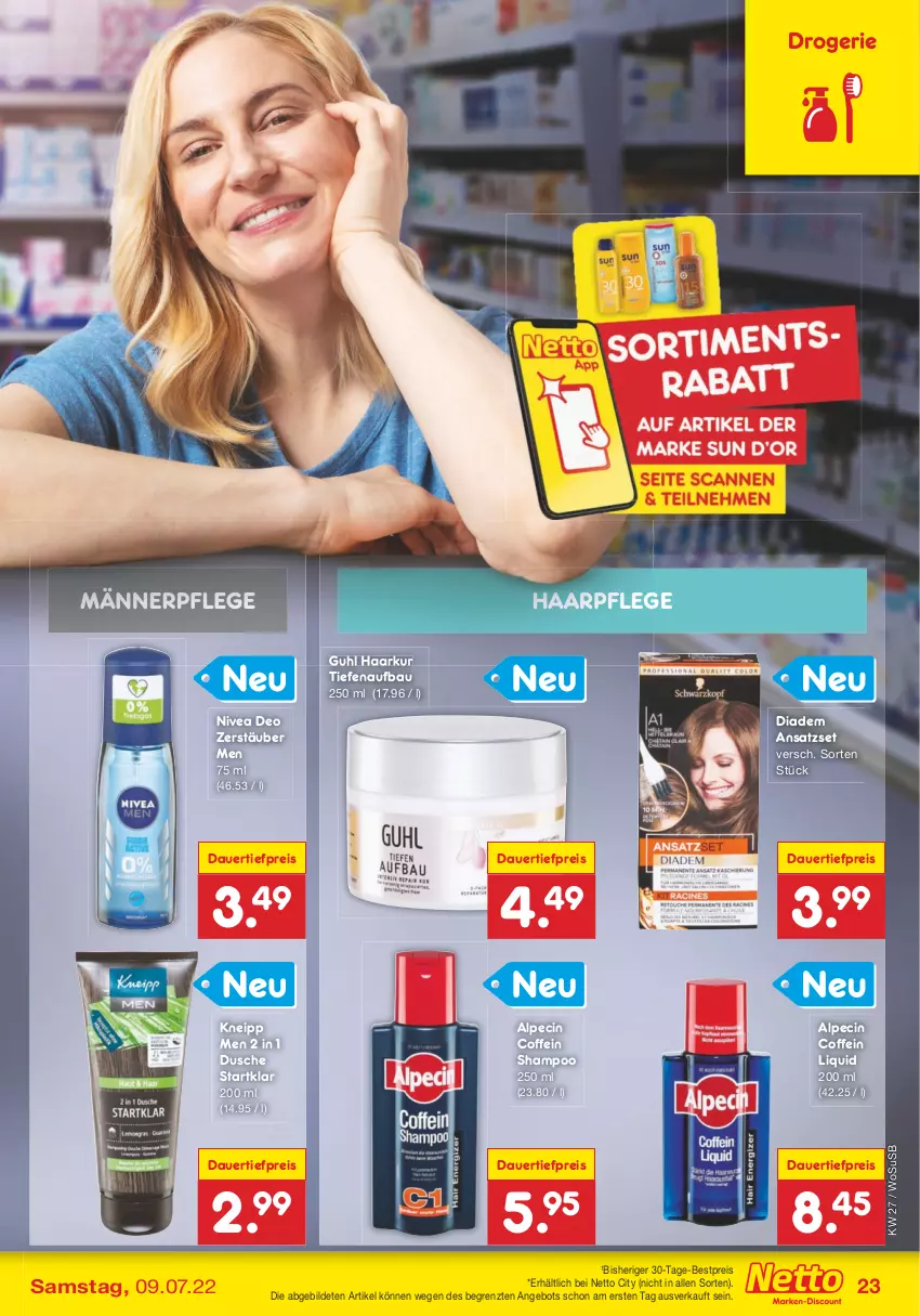 Aktueller Prospekt Netto Marken-Discount - Filial-Angebote - von 04.07 bis 09.07.2022 - strona 23 - produkty: alpecin, angebot, auer, Bau, bestpreis, cin, coffein, dauertiefpreis, deo, diadem, dusche, eis, Guhl, haarpflege, kneipp, nivea, reis, shampoo, Ti, tiefpreis, usb, ZTE