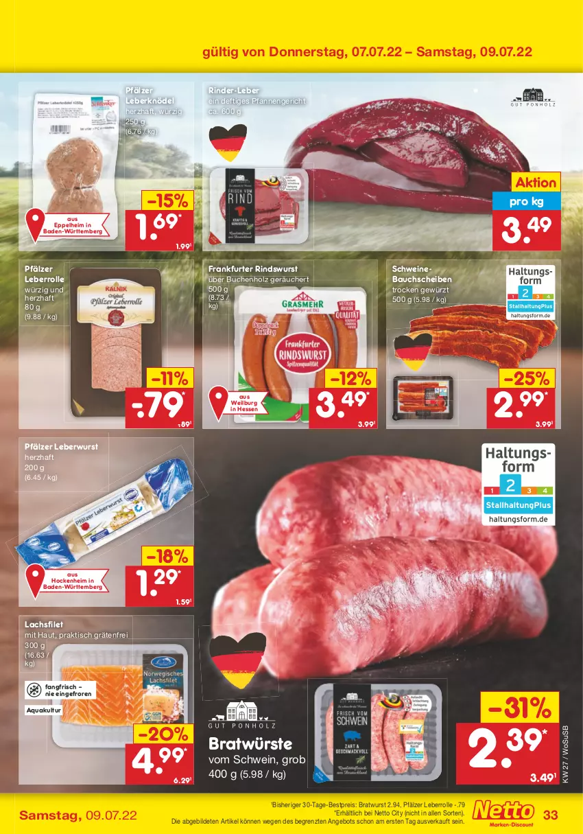 Aktueller Prospekt Netto Marken-Discount - Filial-Angebote - von 04.07 bis 09.07.2022 - strona 33 - produkty: angebot, aqua, Bad, Bau, bauchscheiben, bestpreis, bratwurst, buch, eis, filet, frankfurter, gewürz, Holz, Knödel, lachs, lachsfilet, Leberknödel, Leberrolle, leberwurst, pfanne, pfannen, reis, rind, rinder, schwein, schweine, Schweinebauch, schweinebauchscheiben, Ti, tisch, usb, wein, weine, wurst, ZTE