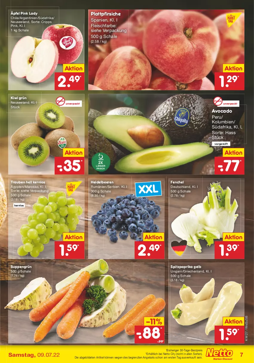 Aktueller Prospekt Netto Marken-Discount - Filial-Angebote - von 04.07 bis 09.07.2022 - strona 7 - produkty: angebot, asti, avocado, beere, beeren, bestpreis, eis, Elan, fenchel, fleisch, heidelbeere, heidelbeeren, kiwi, paprika, pfirsich, pfirsiche, Pink Lady, plattpfirsiche, reis, rum, Schal, Schale, Spitzpaprika, suppe, suppen, Ti, trauben, usb, ZTE