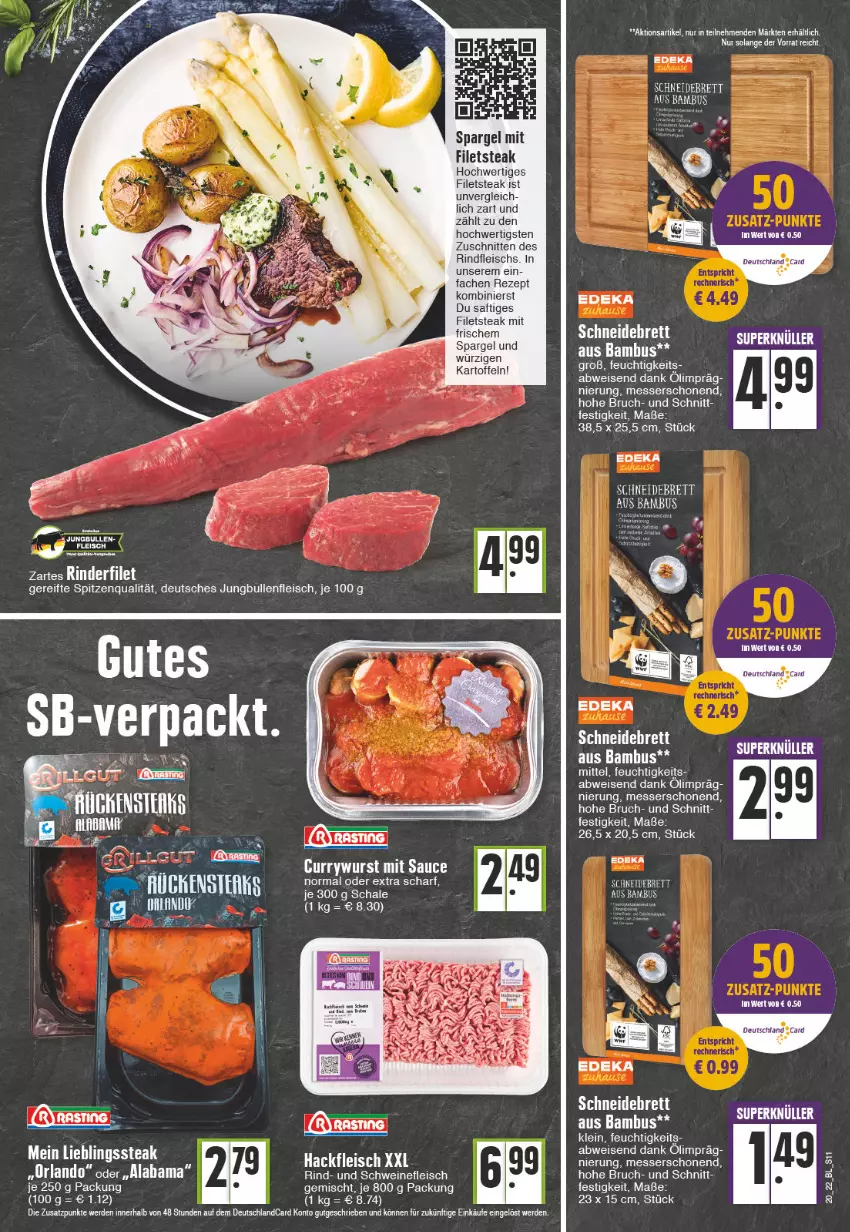 Aktueller Prospekt Edeka - Angebote der Woche - von 16.05 bis 21.05.2022 - strona 11 - produkty: bambus, curry, currywurst, deka, deutschlandcard, eis, ente, erde, filet, filets, fleisch, hackfleisch, jungbullen, kartoffel, kartoffeln, messer, rezept, rind, rindfleisch, saft, sauce, schnitten, schwein, schweine, schweinefleisch, spargel, spitzenqualität, steak, Ti, wein, weine, wurst