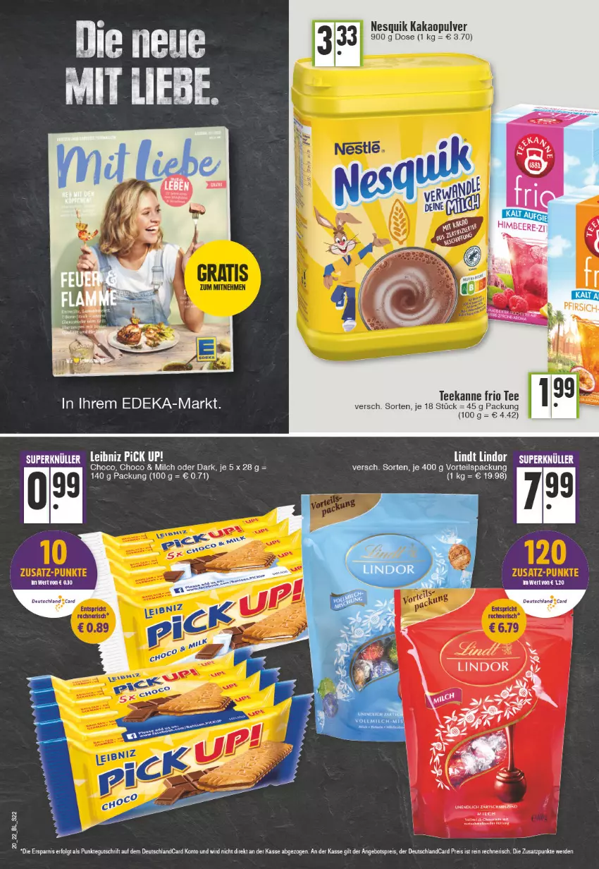 Aktueller Prospekt Edeka - Angebote der Woche - von 16.05 bis 21.05.2022 - strona 22 - produkty: angebot, angebotspreis, deka, deutschlandcard, eis, erde, kakao, leibniz, LG, milch, nesquik, pfirsich, Pick Up!, reis, tee, teekanne, Ti