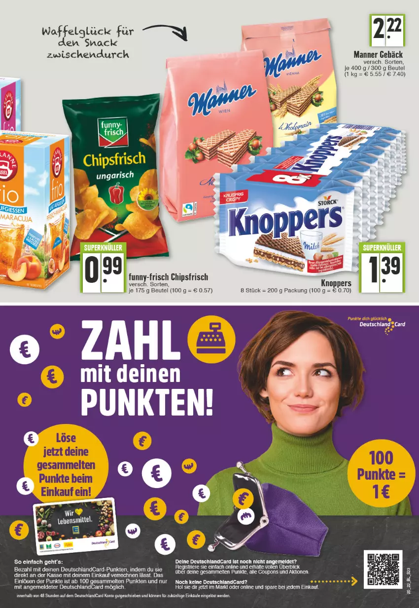 Aktueller Prospekt Edeka - Angebote der Woche - von 16.05 bis 21.05.2022 - strona 23 - produkty: beutel, chips, chipsfrisch, deutschlandcard, erde, funny-frisch, knoppers, LG, Manner, snack, Ti