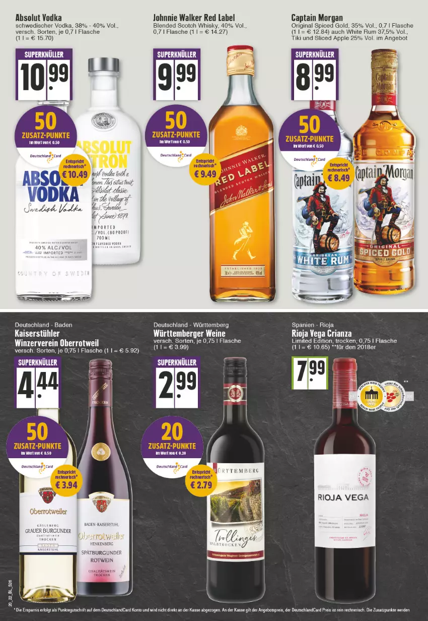 Aktueller Prospekt Edeka - Angebote der Woche - von 16.05 bis 21.05.2022 - strona 26 - produkty: Absolut Vodka, angebot, angebotspreis, Apple, auer, Bad, Berger, blended scotch, blended scotch whisky, burgunder, Cap, captain morgan, cin, deutschland card, deutschlandcard, eis, erde, flasche, gin, grauer burgunder, johnnie walker, Kaiser, LG, original spiced gold, reis, Ria, rioja, rotwein, rum, scotch, scotch whisky, spätburgunder, stuhl, Stühl, Ti, vodka, wein, weine, whisky, white rum, Yo