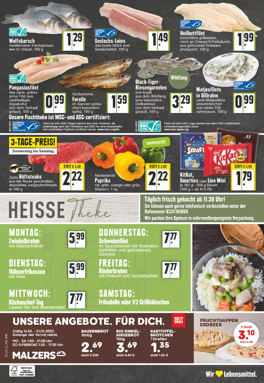 Aktueller Prospekt Edeka - Angebote der Woche - von 16.05 bis 21.05.2022 - strona 32 - produkty: angebot, angebote, auer, Bau, Bauer, beutel, bio, brot, eis, elle, filet, filets, fisch, fische, Fischer, fleisch, garnelen, jungbullen, kartoffel, kartoffeln, lachs, lack, lebensmittel, lion, Mantel, matjes, Matjesfilet, matjesfilets, mikrowelle, nuss, omega, Omega-3, orange, Pangasius, rel, riesengarnelen, rosmarin, rotkohl, saft, salz, sauce, Schere, schnitten, Speck, telefon, Ti, uhr, Wild, wolfsbarsch