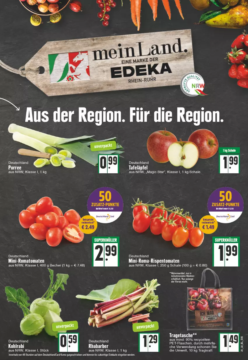 Aktueller Prospekt Edeka - Angebote der Woche - von 16.05 bis 21.05.2022 - strona 5 - produkty: Becher, deutschlandcard, erde, flasche, kohlrabi, kraft, pet-flasche, pet-flaschen, rhabarber, rispentomaten, Romatomaten, rwe, Schal, Schale, tafeläpfel, Tasche, Ti, tomate, tomaten, tragetasche