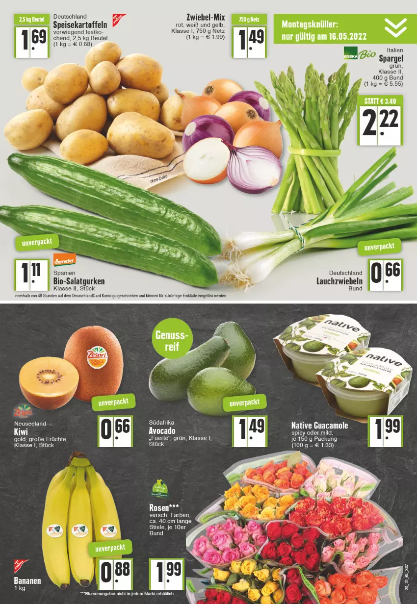 Aktueller Prospekt Edeka - Angebote der Woche - von 16.05 bis 21.05.2022 - strona 7 - produkty: angebot, avocado, banane, bananen, beutel, bio, blume, blumen, deutschlandcard, eis, Elan, erde, früchte, guacamole, gurke, gurken, kartoffel, kartoffeln, Lauchzwiebel, lauchzwiebeln, rosen, salat, Salatgurke, salatgurken, speisekartoffeln, Ti, zwiebel, zwiebeln