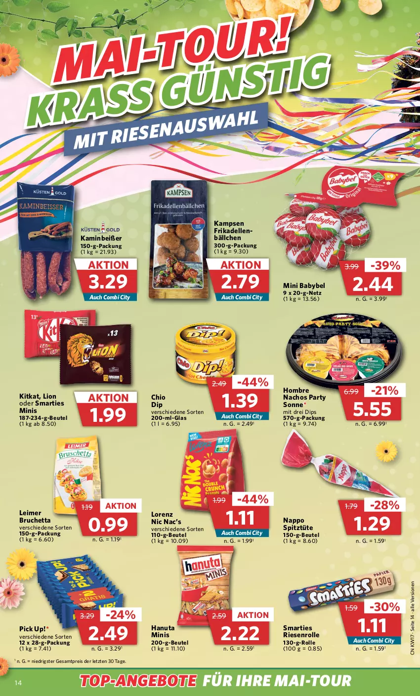 Aktueller Prospekt Combi - Prospekte - von 24.04 bis 29.04.2023 - strona 18 - produkty: angebot, angebote, babybel, beutel, dell, dip, eimer, eis, elle, frikadellen, hanuta, Kamin, kitkat, leimer, lion, lorenz, mini babybel, nacho, Nachos, Pick Up!, reis, smarties, Ti, top-angebot, Tüte, ZTE