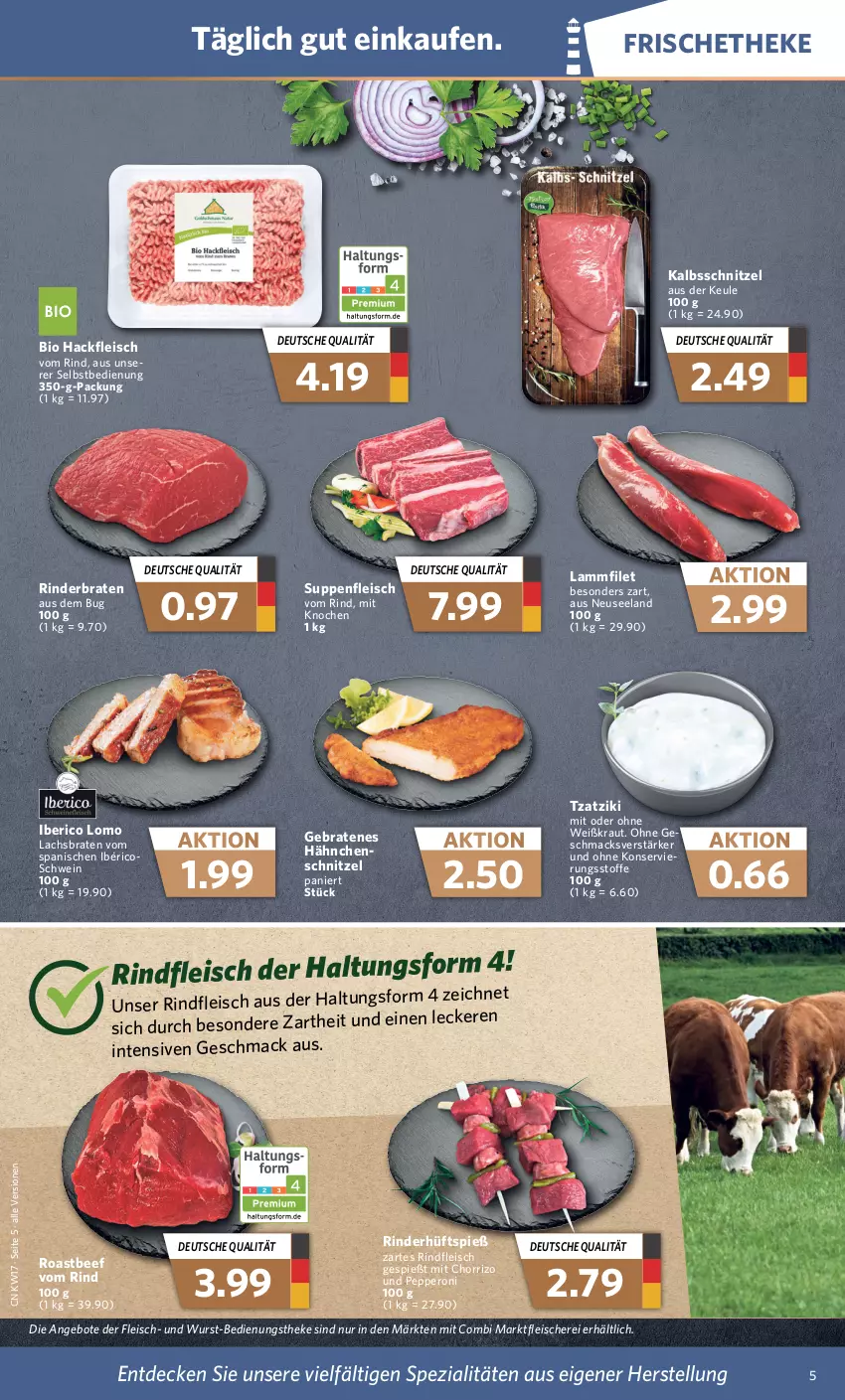 Aktueller Prospekt Combi - Prospekte - von 24.04 bis 29.04.2023 - strona 5 - produkty: angebot, angebote, beef, bio, braten, decke, eis, Elan, filet, fleisch, Fleischerei, hackfleisch, kalbsschnitzel, Kraut, lachs, Lachsbraten, lamm, mac, Peroni, rind, rinder, rinderbraten, rindfleisch, roastbeef, Schere, schnitzel, schwein, Spezi, suppe, suppen, suppenfleisch, Ti, tzatziki, wein, wurst