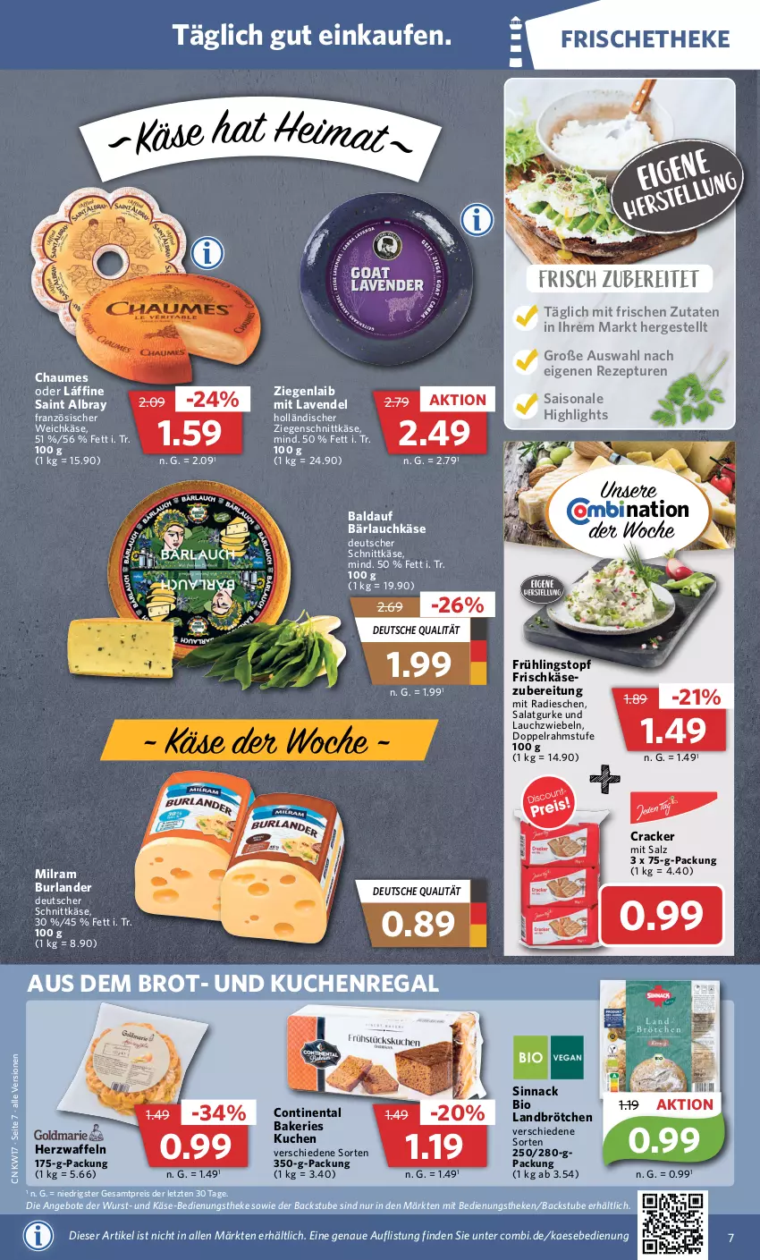 Aktueller Prospekt Combi - Prospekte - von 24.04 bis 29.04.2023 - strona 7 - produkty: albray, angebot, angebote, bio, brot, brötchen, burlander, chaumes, cracker, deutscher schnittkäse, doppelrahmstufe, eis, französischer weichkäse, frischkäse, gurke, kaes, Käse, kuchen, Lauchzwiebel, lauchzwiebeln, lavendel, milram, radieschen, regal, reis, rezept, saint albray, salat, Salatgurke, salz, schnittkäse, sinnack, stube, Ti, topf, waffeln, weichkäse, wurst, ZTE, zwiebel, zwiebeln