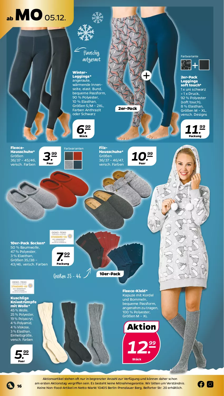 Aktueller Prospekt Netto - Woche 49 - von 05.12 bis 10.12.2022 - strona 16 - produkty: auer, Bau, baumwolle, gin, Hausschuhe, kleid, leggings, Ria, schuhe, socken, strümpfe, Ti, wolle, ZTE